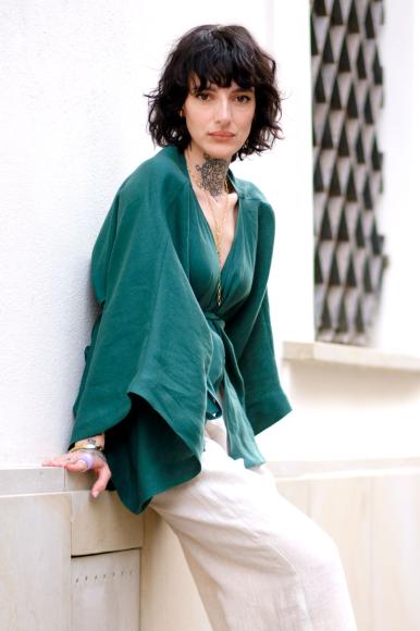 KIMONO LNIANE KRÓTKIE: BUTELKOWA ZIELEŃ